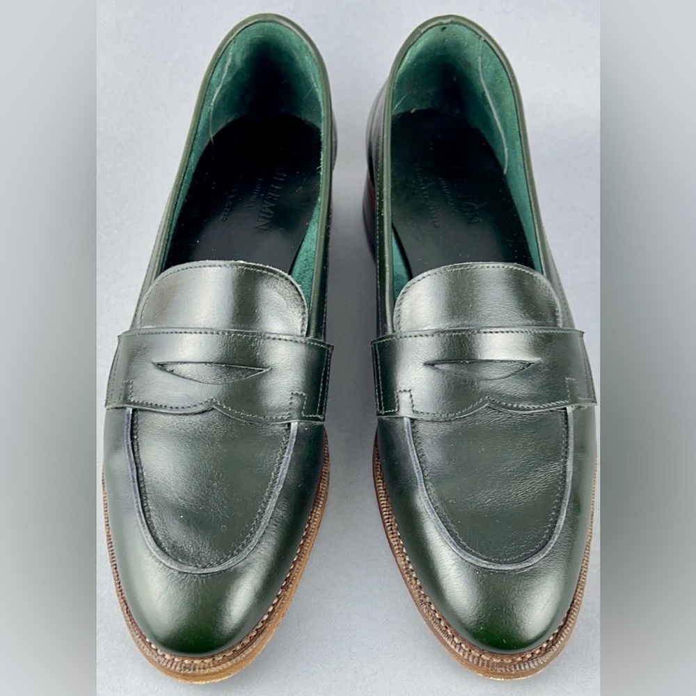 Meermin hand welted women's green leather loafers, size 6.5M